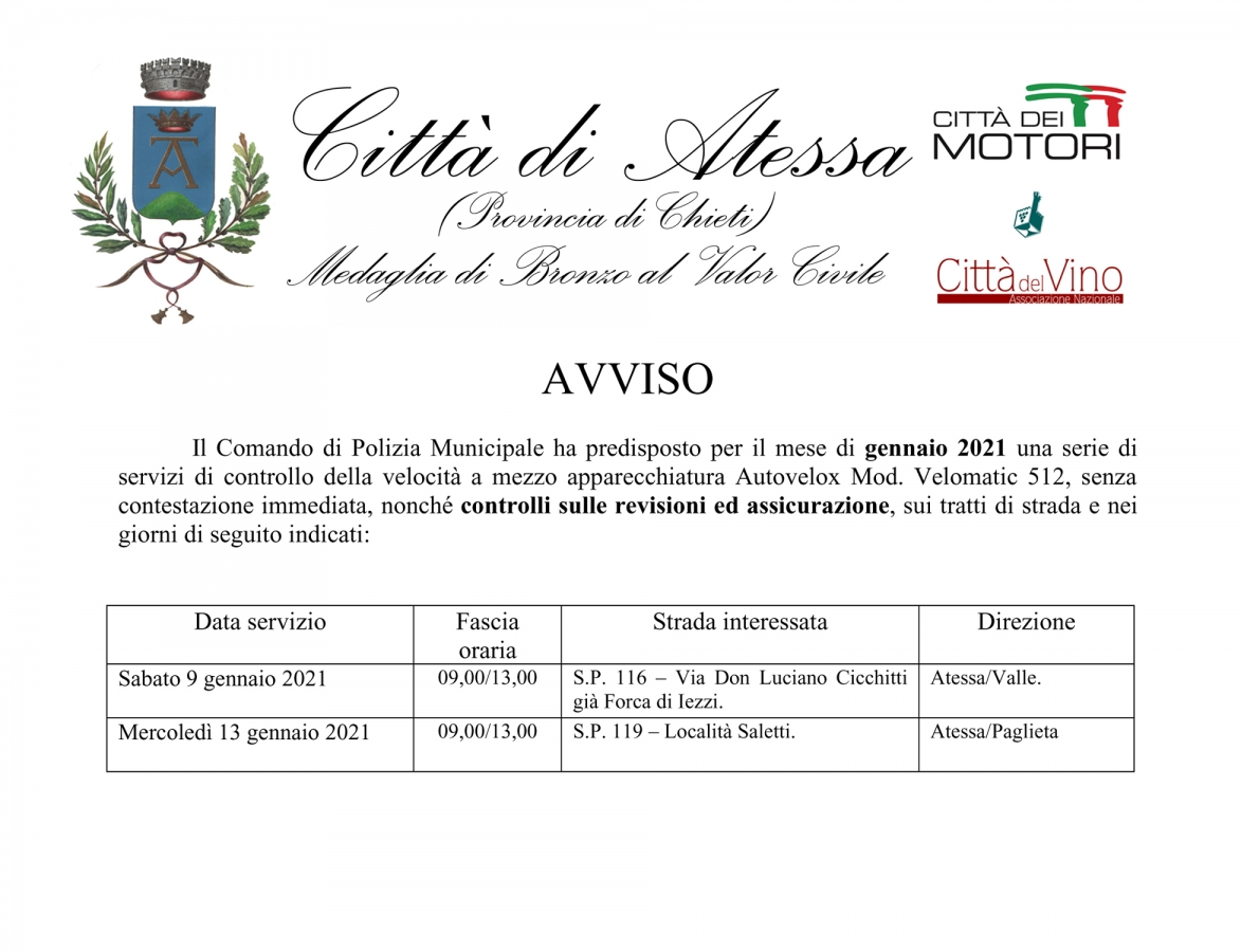 Autovelox. Pubblicato il calendario dei controlli nel territorio di Atessa Autovelox. Pubblicato il calendario dei controlli nel territorio di Atessa